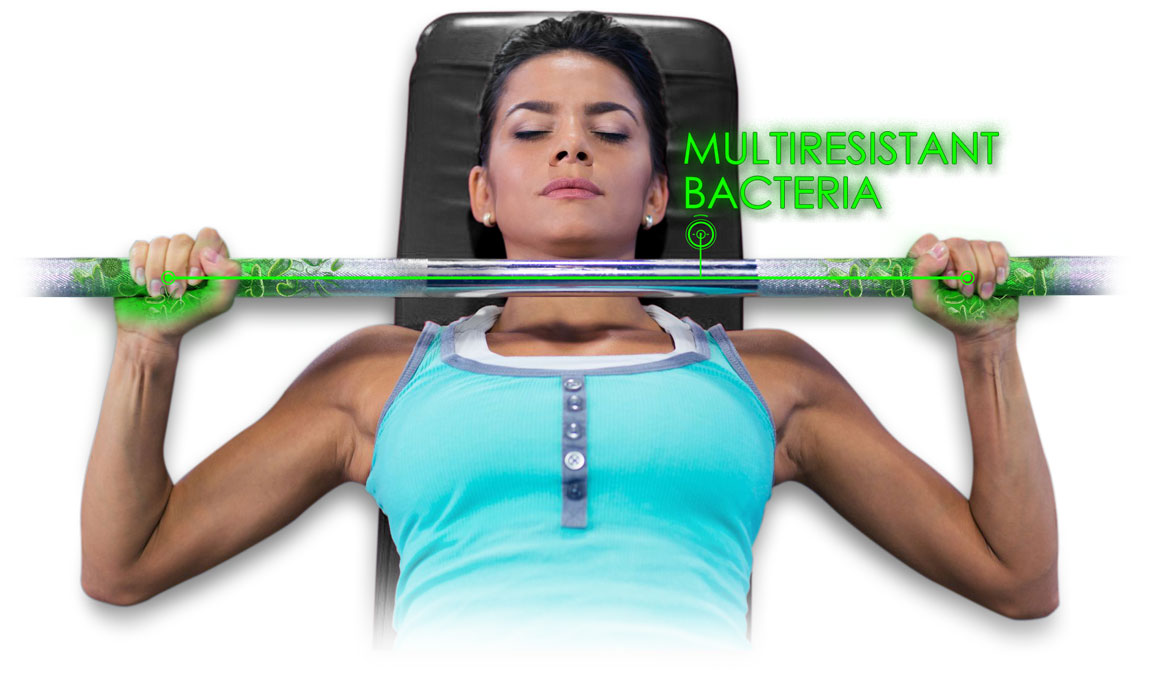 women touching bench press bar infested of bacteria