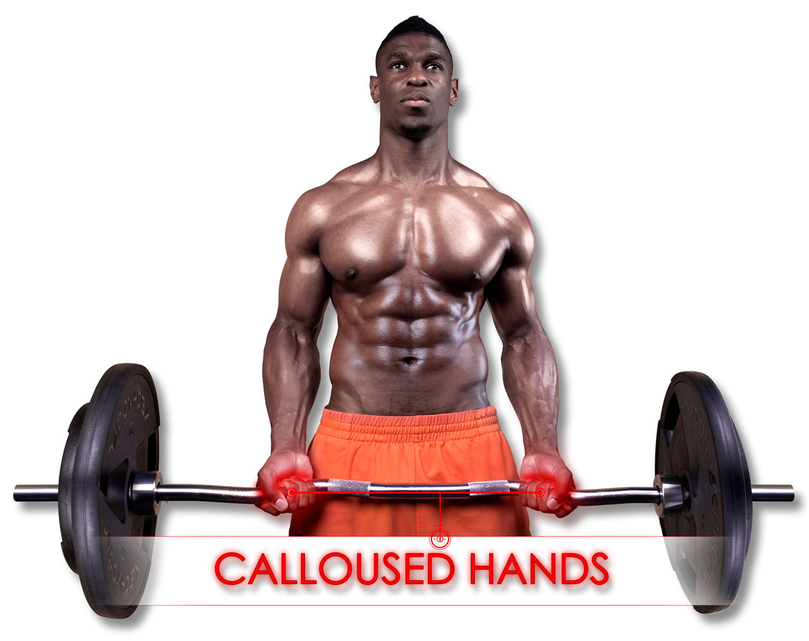 man performing biceps curl with calloused hands